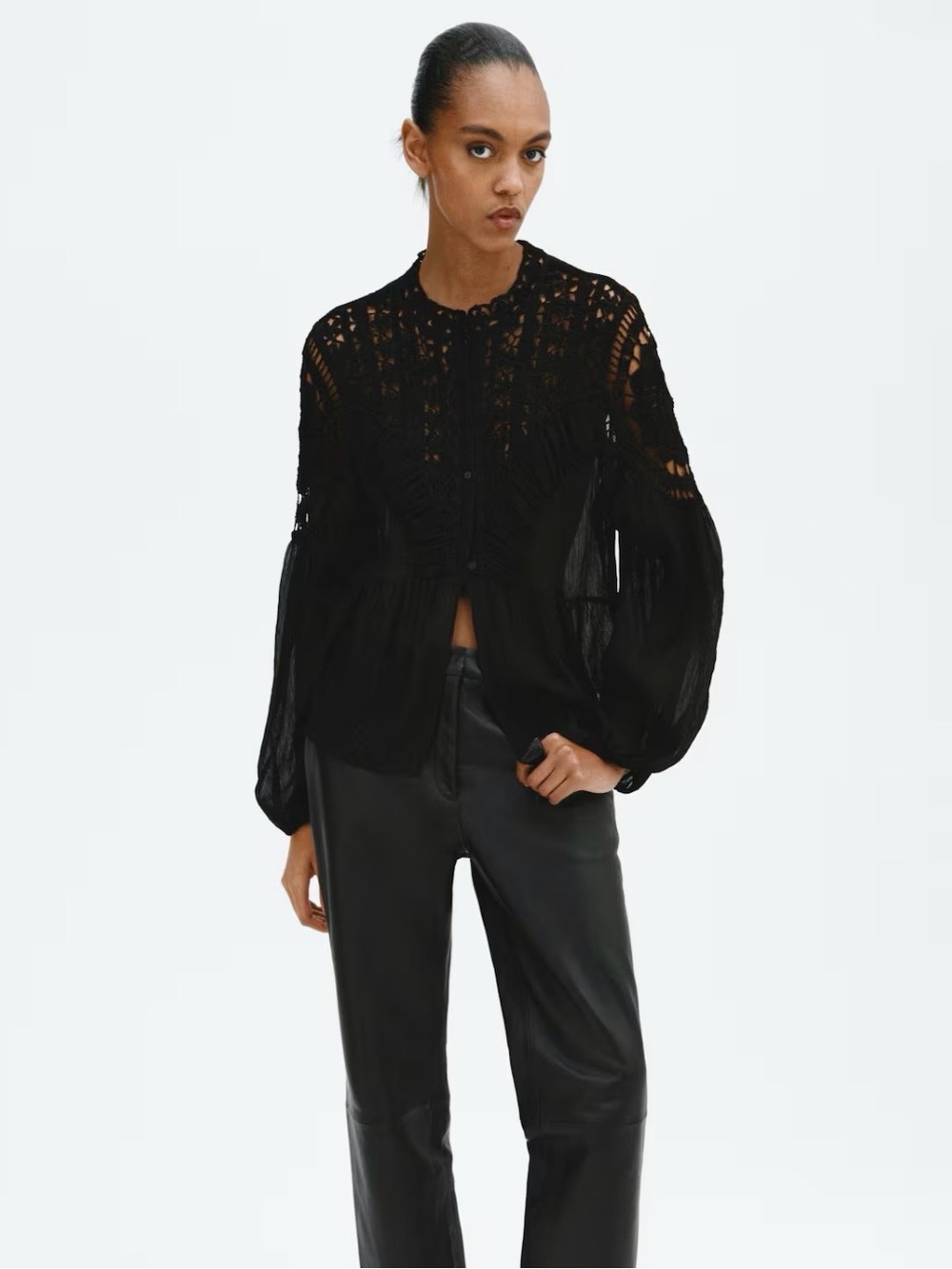 H&M Edition Crochet Look Long Sleeve Blouse (Black) 1335552001 Sz Large